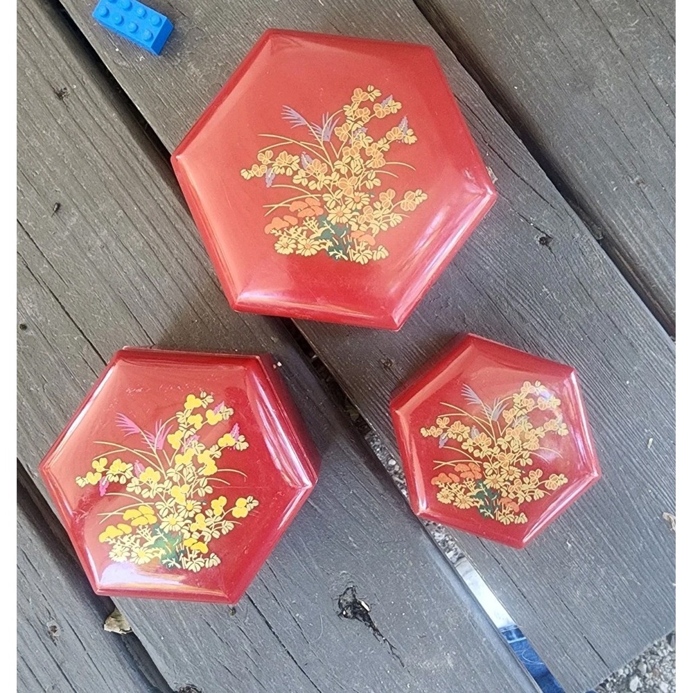 Vintage Floral Red Lucite Hexagonal Lidded Nesting Trinket Boxes Set Of 3